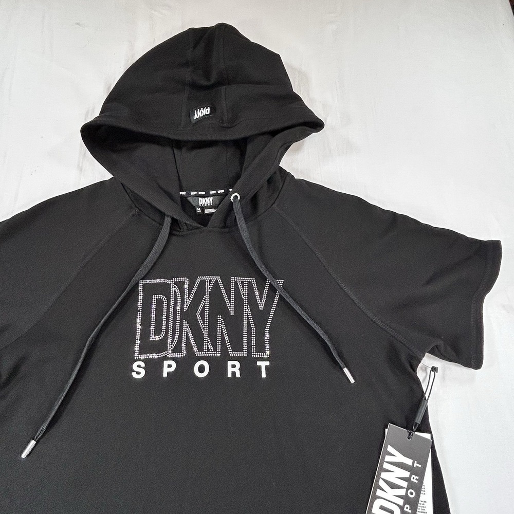 DKNY Womens M Black Sport Logo Short Sleeve Hooded Cropped Sneaker Dress $80